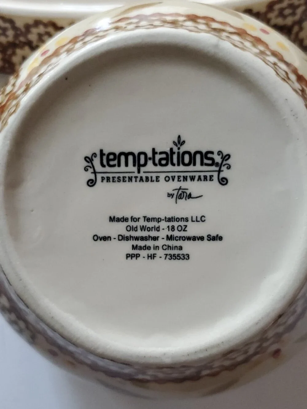 Temp-Tations Cream and Brown Floral Pattern  Soup bowlwith Matching Tray.